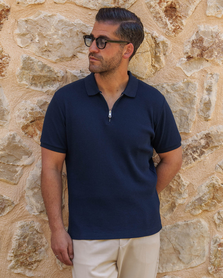 Waffle Zip Polo (Navy)