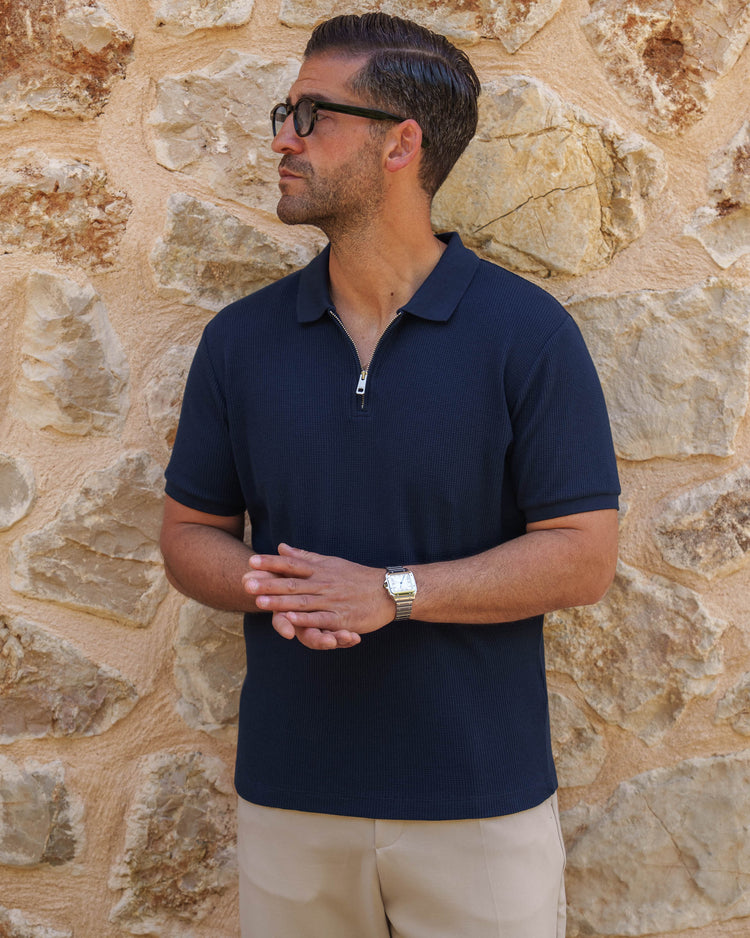 Waffle Zip Polo (Navy)