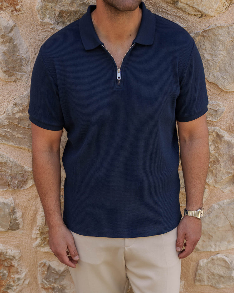 Waffle Zip Polo (Navy)