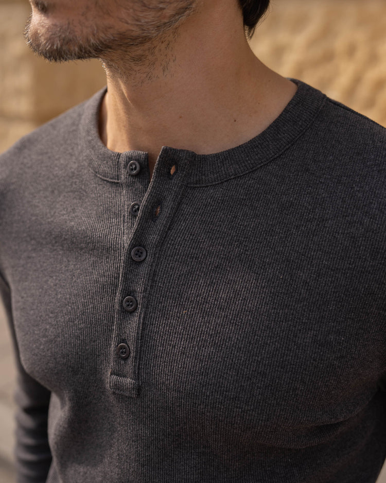 Fine Rib Henley Longsleeve (Dark Grey Melange)