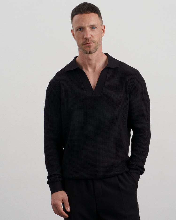 Waffle Polo Long Sleeve (black)