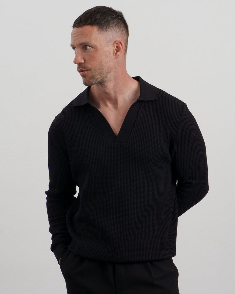 Waffle Polo Long Sleeve (black)