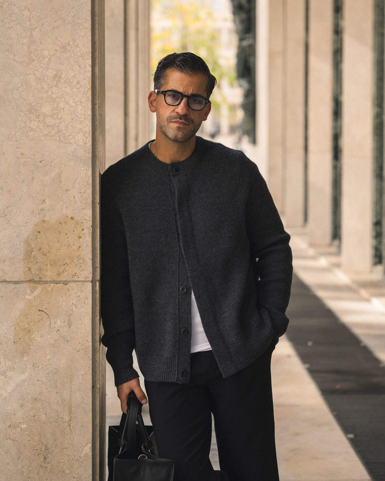 Wool Button Down Knit Cardigan (Dark Grey)