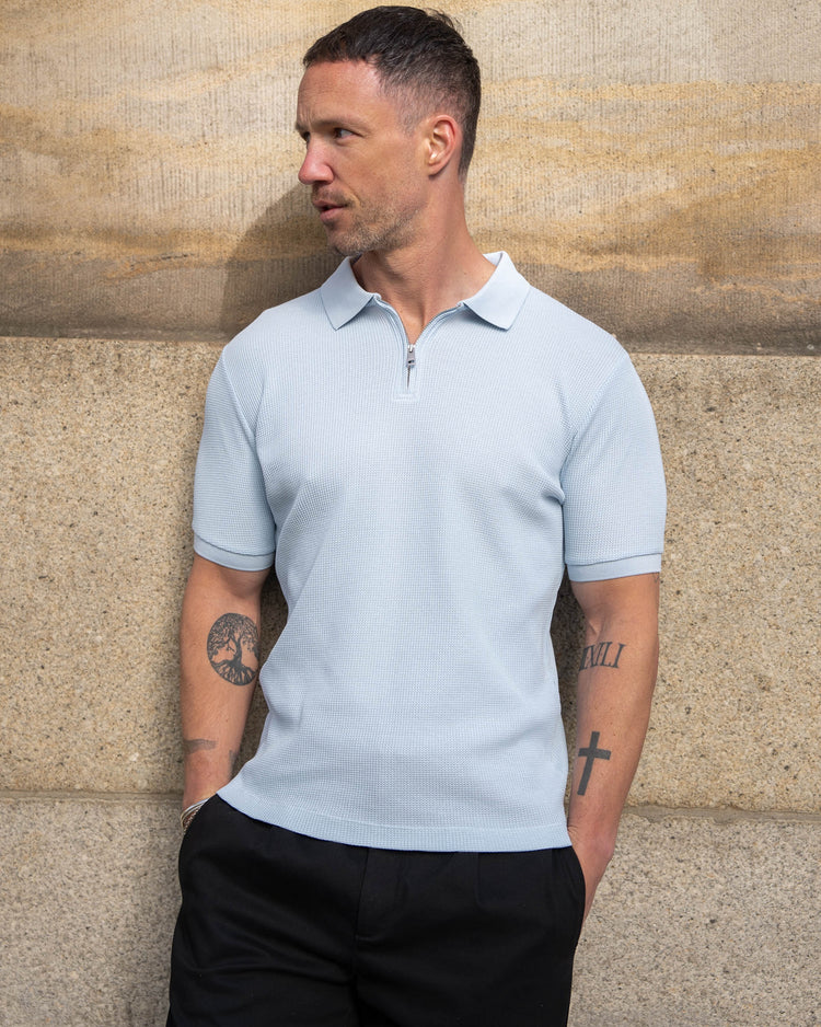 Waffle Zip-Poloshirt (Light Blue)