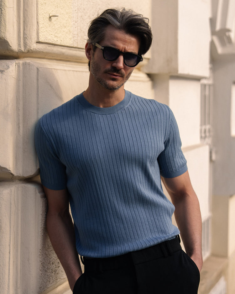 Wide Rib Knit T-Shirt (Blue)