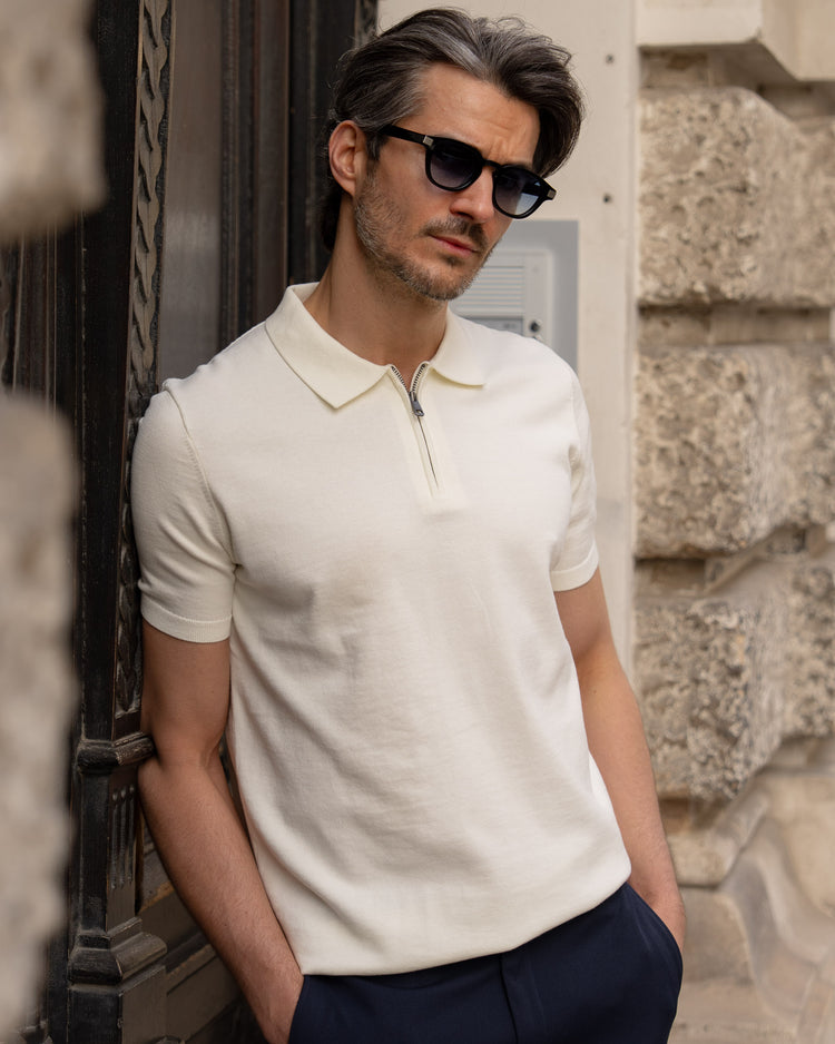 Flat Knit Zip-Polo (Off-White)