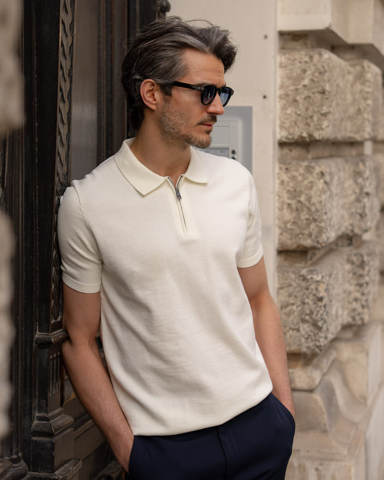 Flat Knit Zip-Polo (Off-White)