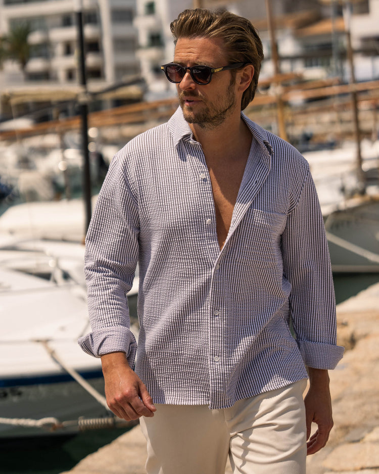 Striped Long-Sleeve Shirt (Brown/White)