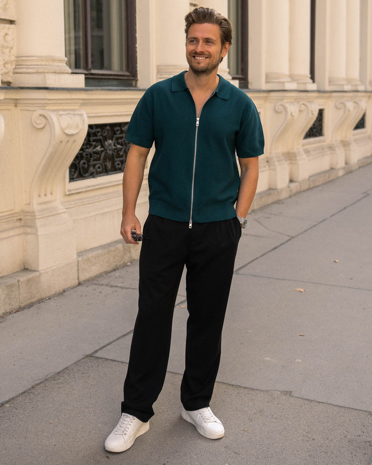 Rib Knit Zip-Poloshirt (teal)