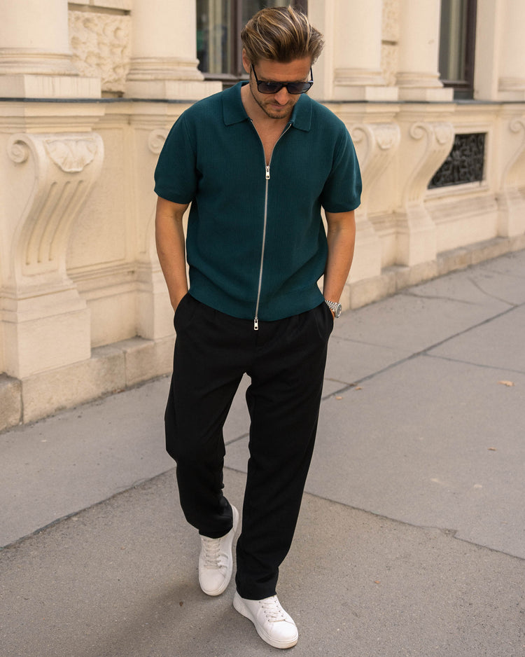 Rib Knit Zip-Poloshirt (teal)