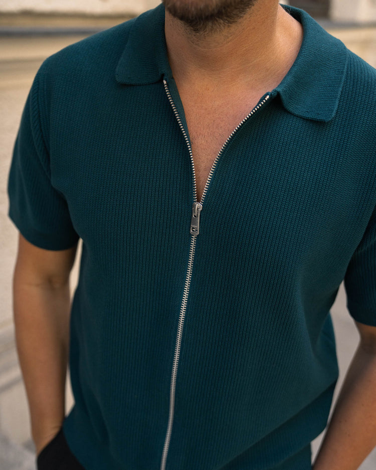 Rib Knit Zip-Poloshirt (teal)