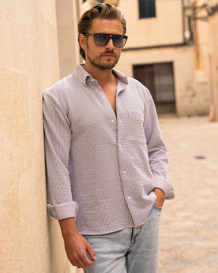Striped Long-Sleeve Shirt (Brown/White)