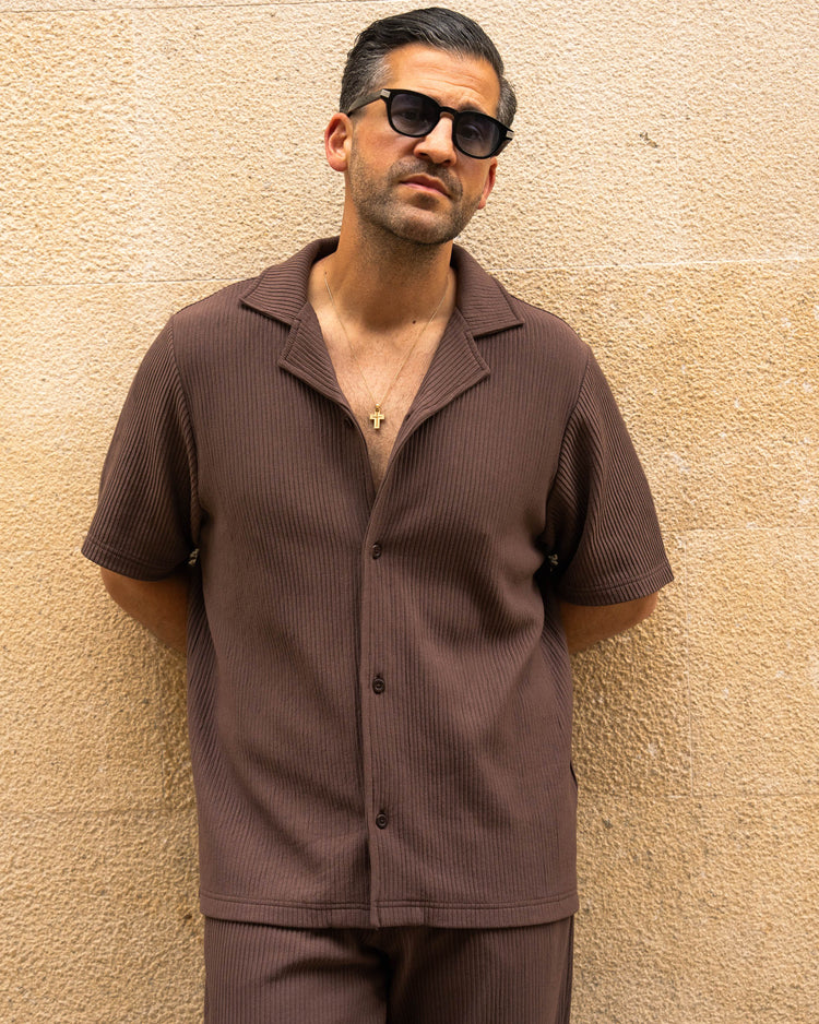 Plissee Short Sleeve Shirt (Brown)