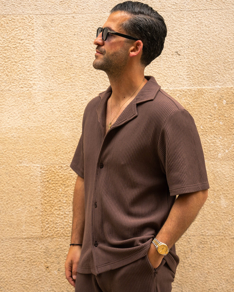 Plissee Short Sleeve Shirt (Brown)