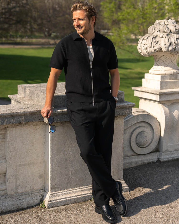 Rib Knit Zip-Poloshirt  (black)
