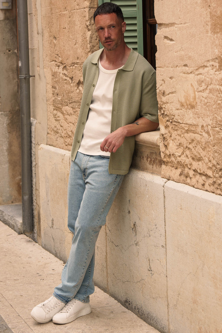 Mesh Knit Short Sleeve Shirt (Light Green)