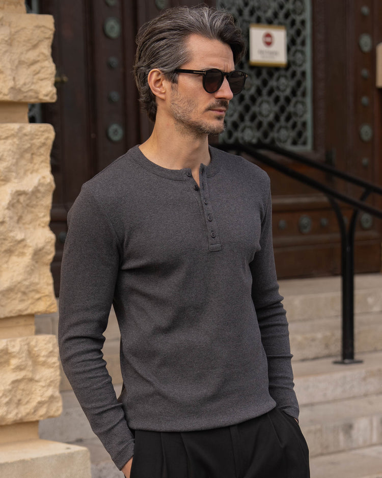 Fine Rib Henley Longsleeve (Dark Grey Melange)