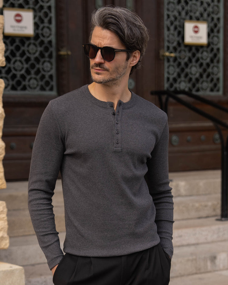 Fine Rib Henley Longsleeve (Dark Grey Melange)