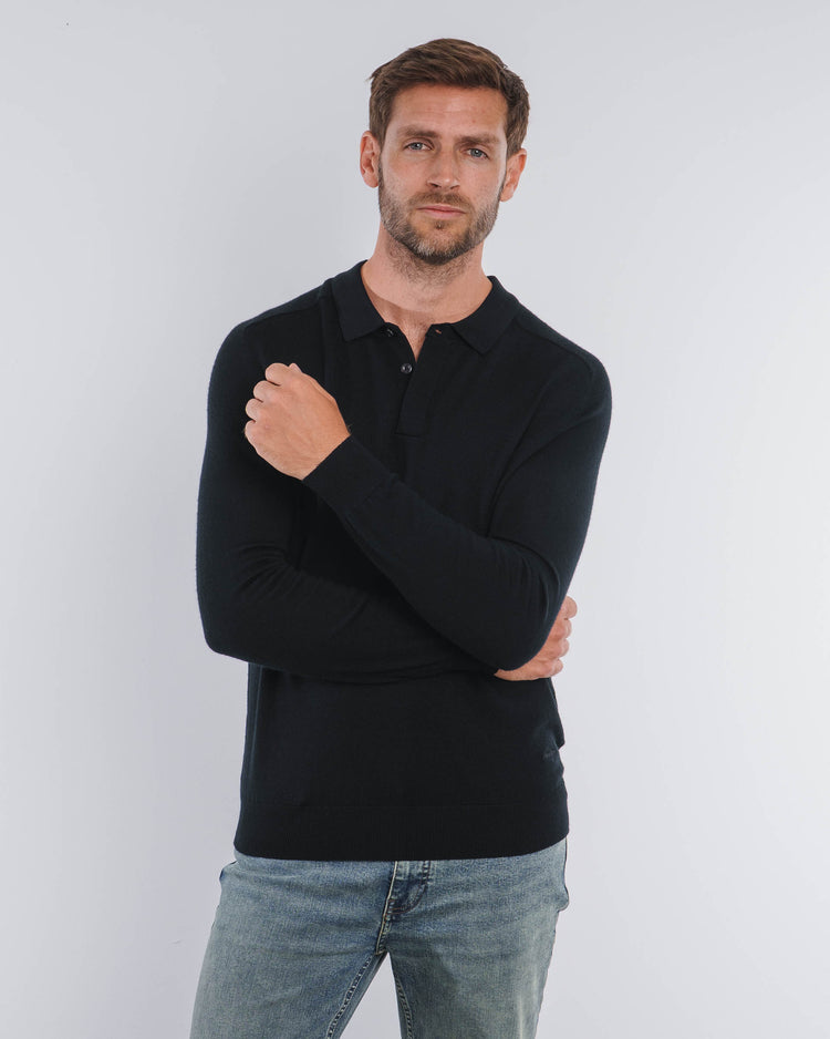 Merino Concealed Placket Polo (Black)