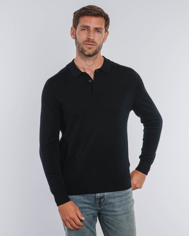 Merino Concealed Placket Polo (Black)
