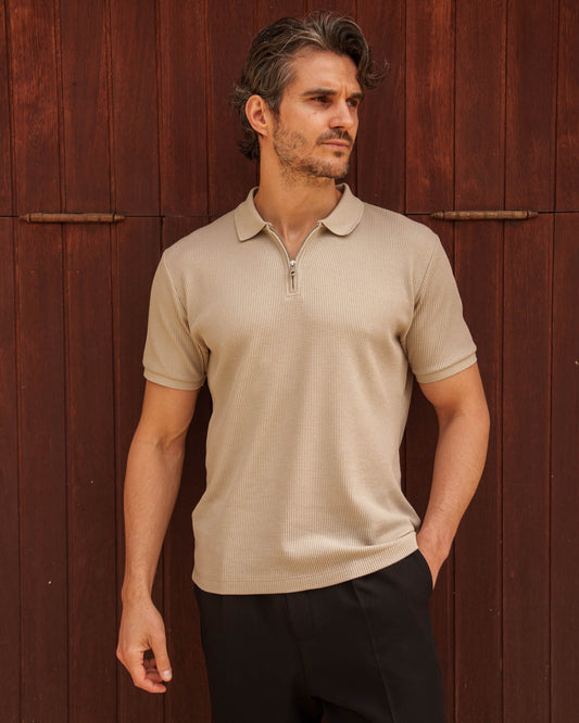 Waffle Zip Polo (Taupe)