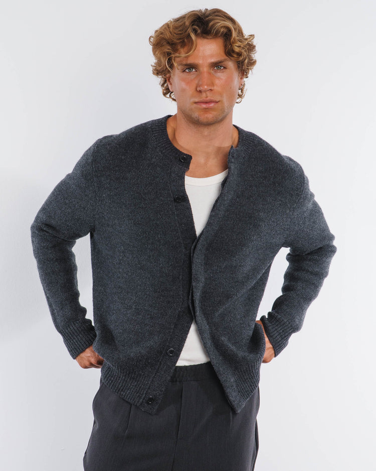 Wool Button Down Knit Cardigan (Dark Grey)