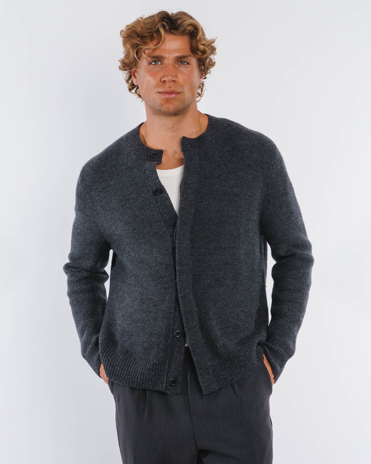 Wool Button Down Knit Cardigan (Dark Grey)