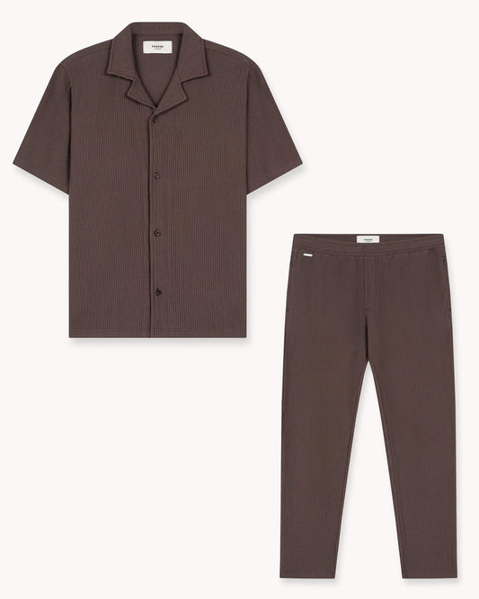 Plissee Set Short Sleeve Shirt + Pants (Brown)