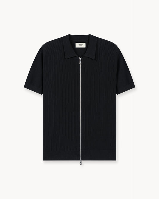 Rib Knit Zip-Poloshirt  (black)