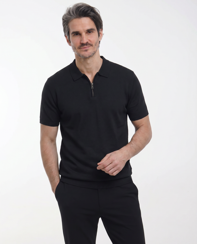Flat Knit Zip-Polo (Black)
